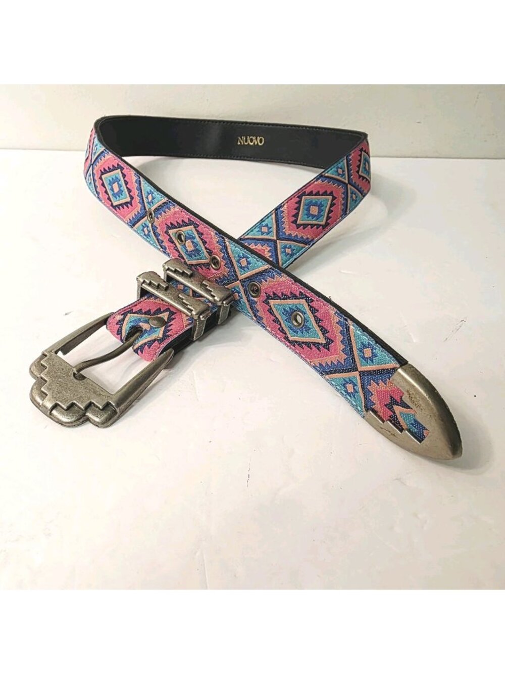 VTG Nuovo Cowgirl Aztec Western Belt Silver Buckle Women S/M 6 Blue Pink Coral